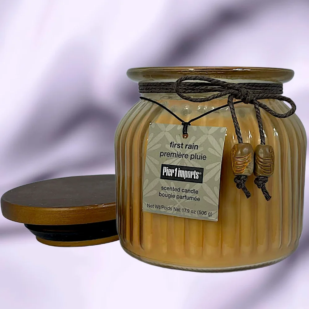 Pier 1 Imports First Rain Dual Wick Scented Candle | 17.9oz Jar Wood Lid & Beads